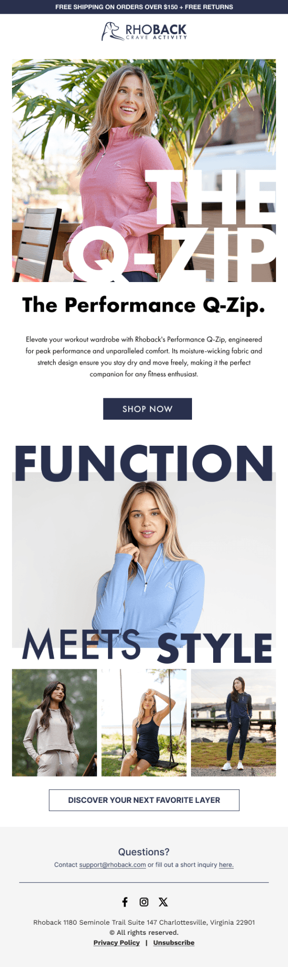 The Q-Zip — Function + fashion — best-seller hero for the women's line.