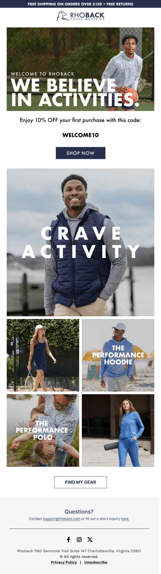 Welcome series — Brand-story-led #1 in the welcome flow. Active lifestyle, not just apparel.