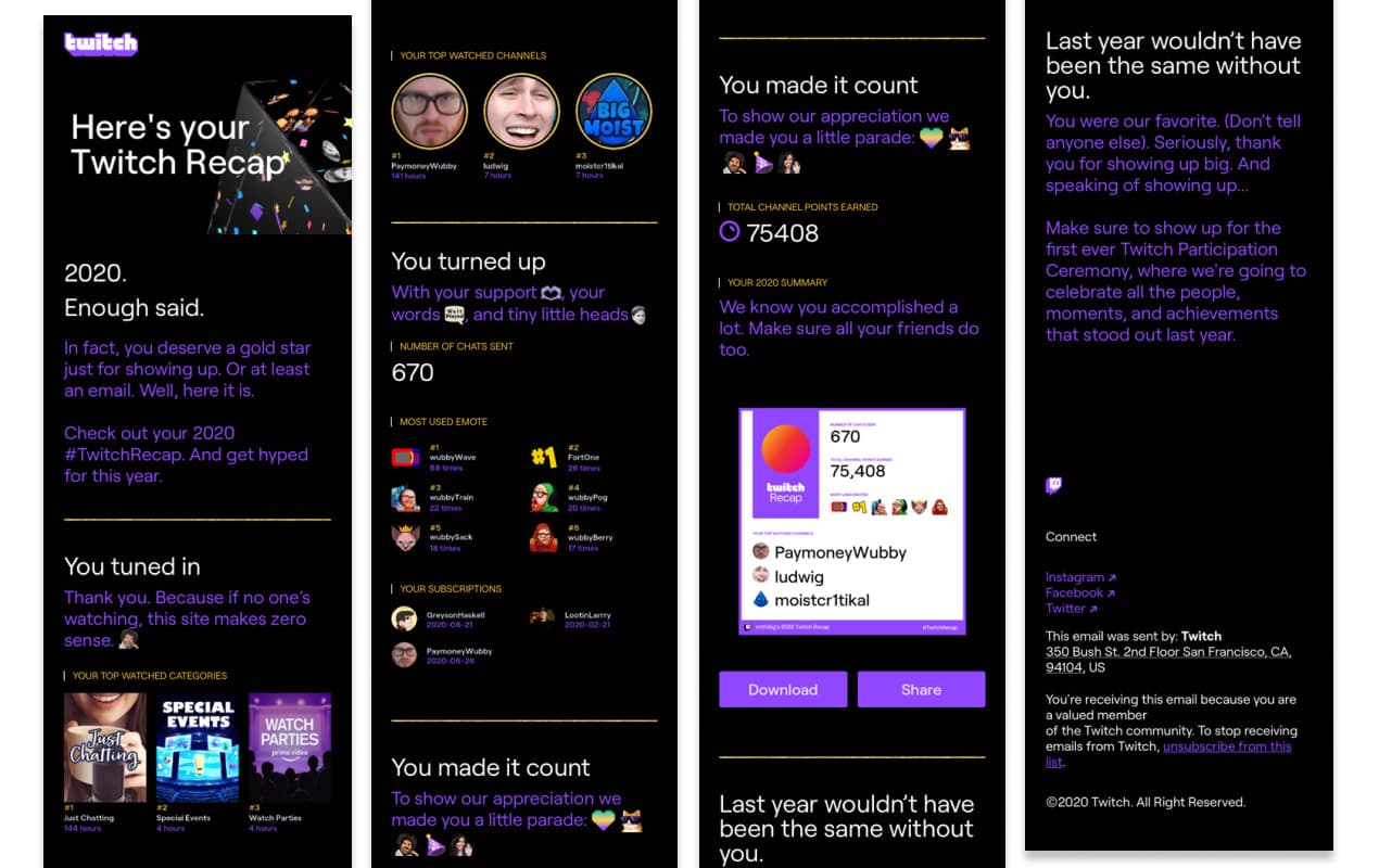 Year in Review · Part 1 — Hero: hours watched, channels followed, and the user's top game.